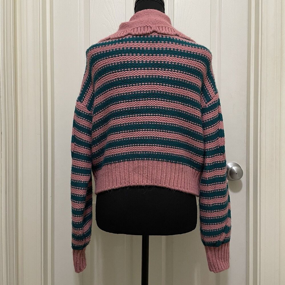 ZARA Striped Cable Knit Sweater Cropped Pink Teal Soft Women's Small S‎ Retro - Picture 3 of 9